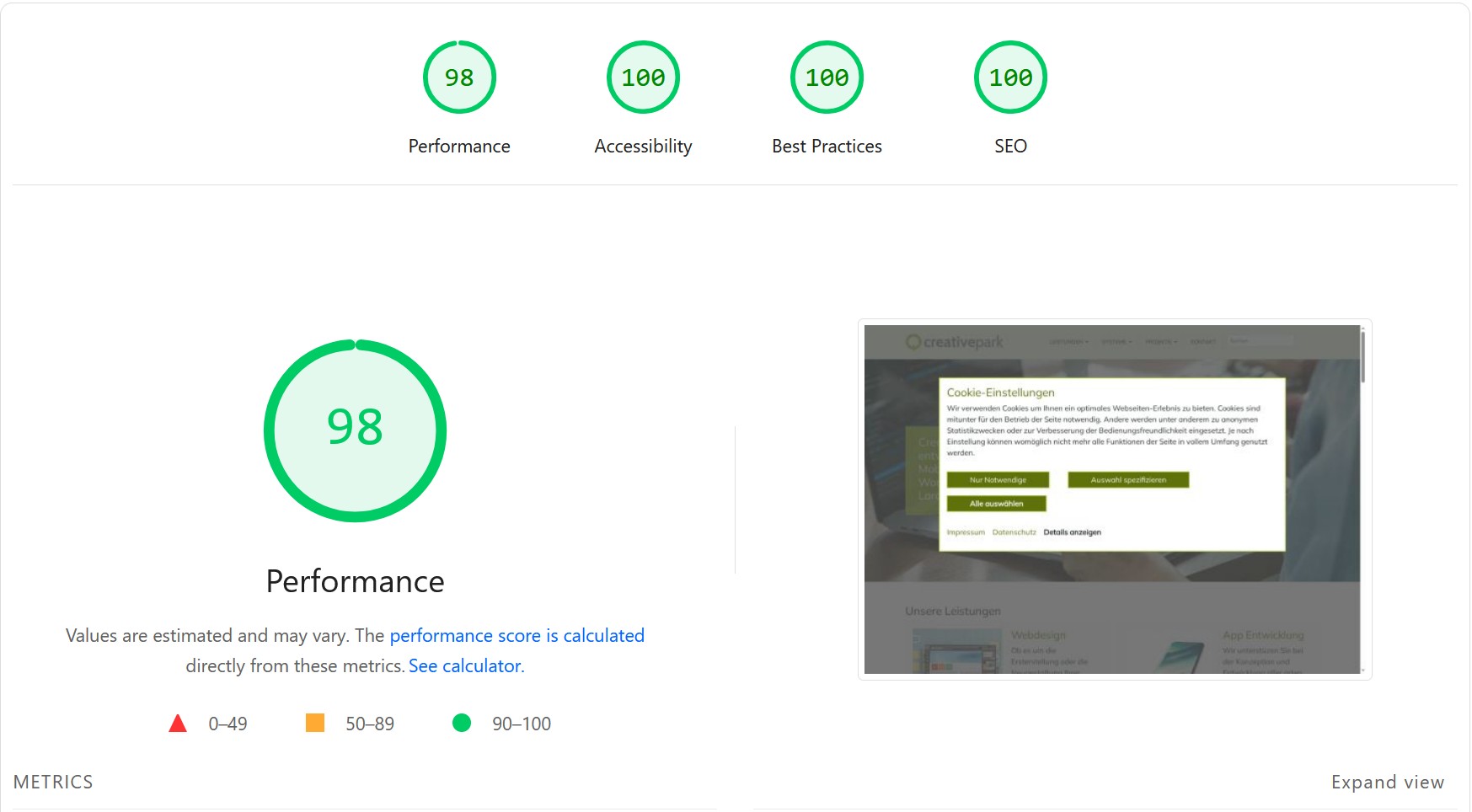 Creativepark Pagespeed